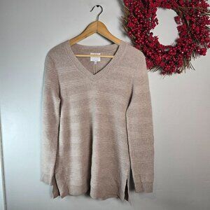 Edinburgh Knitwear Womens Cashmere V-Neck Pullover Tunic Sweater Medium in Beige